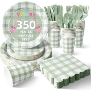Vyntra 350 Pcs Sage Green Gingham Paper Plates and Napkins Set for 50, 9" Dinner Plates & 7" Dessert Plate, Tableware for Garden Birthday Party