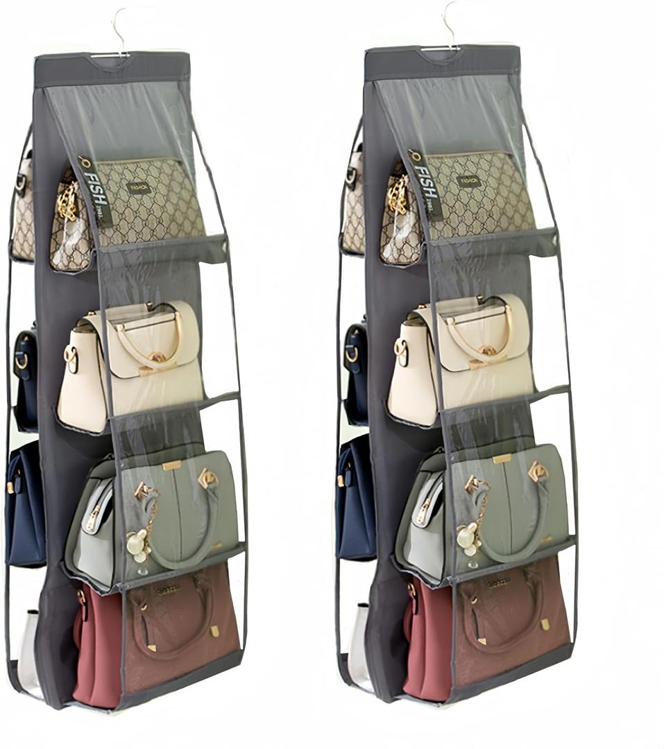 HAN SHENG 8 Pockets Clear Handbag & Purse Organizer Hanging Bag Storage - Space Saving Hanging Shelf for Closet, Wardrobe, Over Door (2 Pack, Grey)