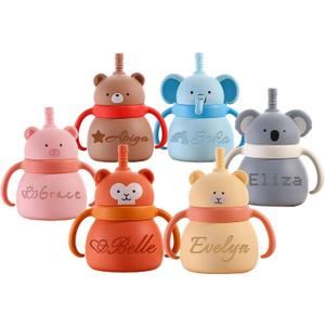 Personalized Silicone Baby Cup with Engraved Name Animal SpillProof Training Sippy Cup for Toddlers 6+ Months, Baby Shower Christmas Gift