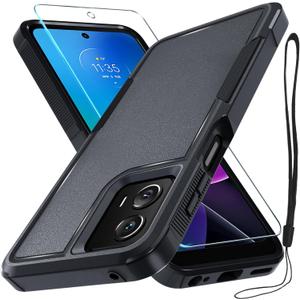 RMOCR for Motorola Moto G Power 5G 2024 Case, Full Body Heavy Duty Rugged Shockproof Protective Phone Cover with Lanyard Strap, Tempered Glass Screen Protector, Black Matte