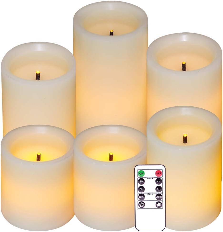 Eldnacele LED Flameless Flickering Candles Optical Fiber Wick with 10-Key Remote Control Timer, Battery Operated Wax Candles Set of 6 Decoration(D3 x H3 4" 5" 6" 7")