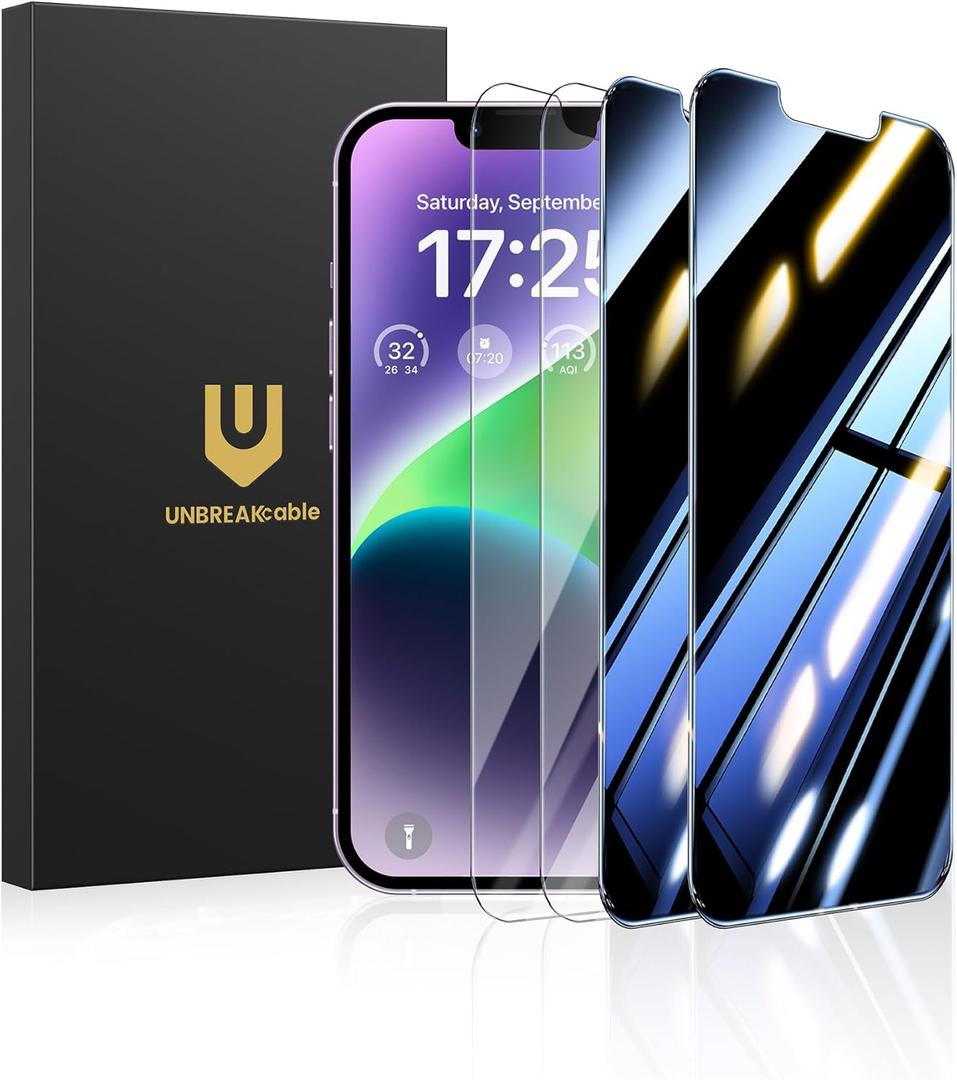 UNBREAKcable 4PCS Screen Protector for iPhone 14-2 Privacy Tempered Glass+2 Clear Glass Double Shatterproof [Easy Installation Frame] [9H Hardness] [Case Friendly] Anti-Scratch for iPhone 6.1 inch