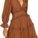 Dokotoo Womens Cute Summer Spring Casual Sexy Deep V Neck Ruffle Chiffon Lantern Long Sleeve Elegant Boho Hawaiian Flowy Mini Short Skirt Dresses for Women Party 2024 (Brown, Medium)
