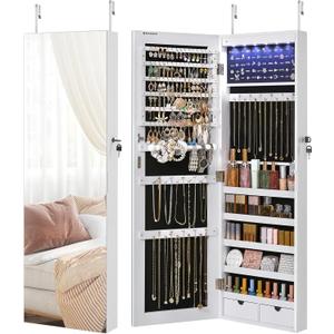 SONGMICS Hanging Jewelry Cabinet, Wall-Mounted Cabinet with LED Interior Lights, Door-Mounted Jewelry Organizer, Full-Length Mirror, Gift Idea, White UJJC99WT