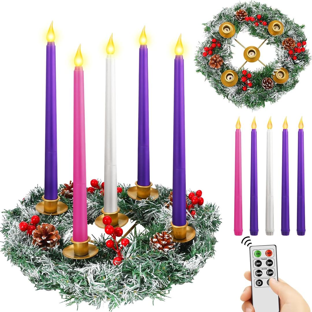 12 Inch Christmas Advent Wreath Candle Holder with 5 Flameless Candles Remote Control Wreaths Holder Centerpiece Decoration with Berries(Snowy Cedar Pine,11 x 0.8 x 0.8 in)