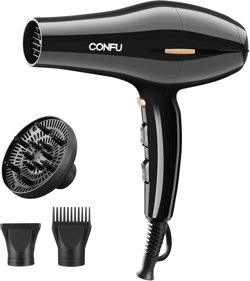 CONFU Professional Hair Dryer with Diffuser and Concentrator, 1875W Powerful Blow Dryer for Women Fast Drying and Quiet, Lightweight Hairdryer with Comb Nozzle for Curly Hair, Brown