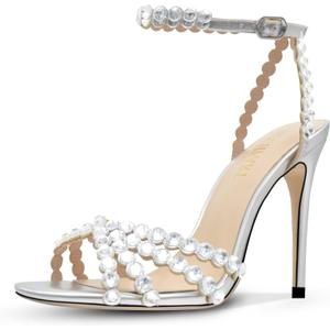 HOCHFART Silver High Heels Rhinestones High Heels Strappy Heels for Women Round Toe Sexy Pumps Crystal Stiletto Heels Sandals Silver Heels for Prom Size 7