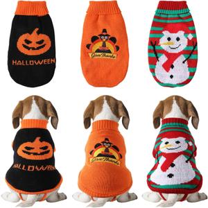 3 Pack Halloween Thanksgiving Christmas Dog Cat Sweaters Sets Dogs Fall Clothes Pumpkin Turkey Snowman Dog Cat Knit Sweaters Pets Costumes for Holiday Dogs Cats Pets(Small)