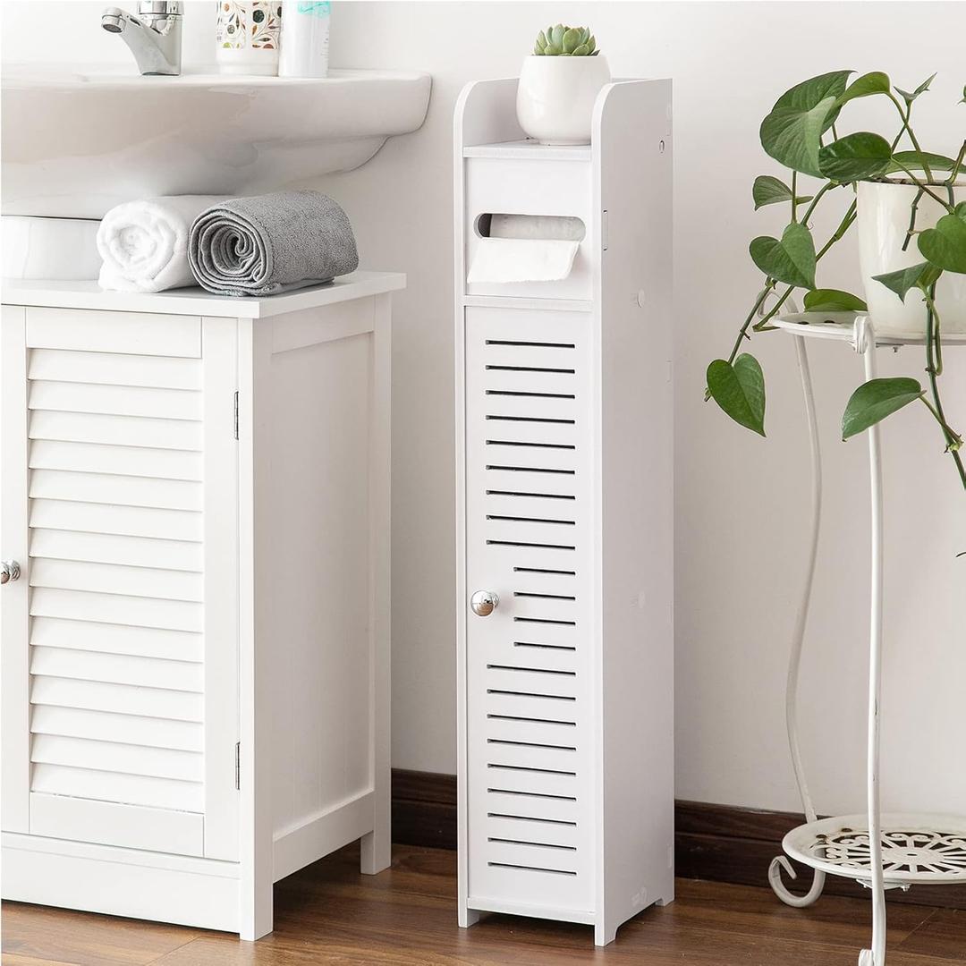 AOJEZOR Toilet Paper Holder Stand: Small Bathroom Storage Cabinet for Small Spaces,White