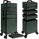 5 in 1 Rolling Makeup Train Case on Wheels Large Cosmetic Organizer Travel Cart for Women Beauty Salon Barber Hairstylist Green
