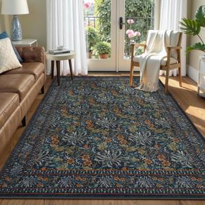 Collive Dark Green 5x7 Area Rugs, Washable Living Room Bedroom Rug, Vintage Floral Boho William Morris Botanical Rug, Soft Non Slip Low Pile Stain Resistant Carpet for Dining Room OfficeNavy Blue