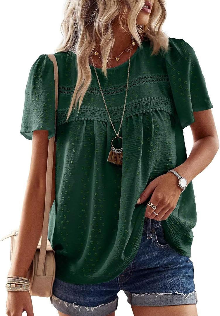 Falechay Womens Summer Tops Crewneck Short Sleeve Shirts Casual Chiffon Blouses Flowy Lace Hem Boho Clothing Trendy 2026 (Green, L)