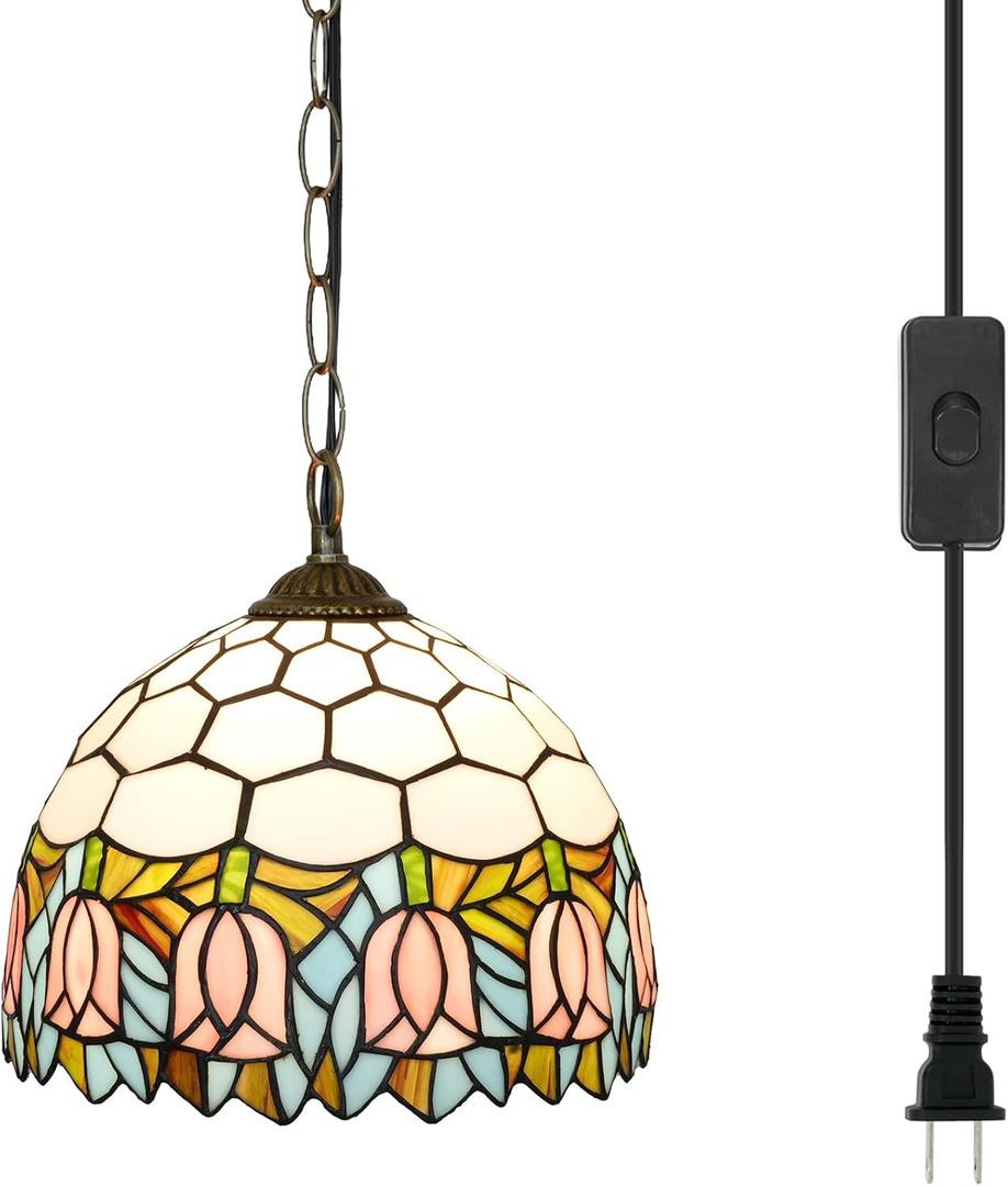 Pink Tulips Tiffany Pendant Light Fixtures 12inch Stained Glass Pendant Lighting Vintage Style Hanging Lamp for Home Decor Kitchen Island Dining Room Hallway Bar