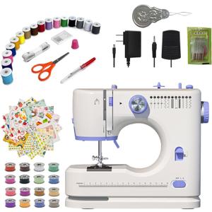 Stoigeld Sewing Machine for Beginners with 20 pcs fabric & 32 pcs.Needles 10pcs/1bag.Sewing Threads Kit, Portable Sewing Machine with 12 Built-in Stitches & 2 Speeds (High-Low Speeds)-SM-725-1