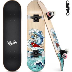 Skateboards for Beginners, 31"x8" Complete Skateboard for Kids Teens & Adults, 7 Layer Canadian Maple Wood Double Kick Deck Concave Standard and Tricks Skateboard with All-in-1 Skate Tool