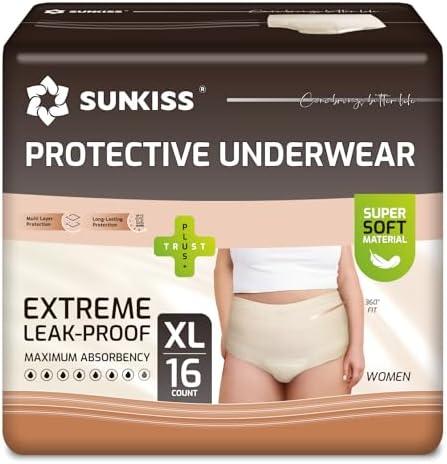 SUNKISS Women Incontinence Underwear, Daytime Disposable Postpartum Adult Panties, Protective Pull Ups with Maximum Absorbency, XLarge, Beige, 16 Count