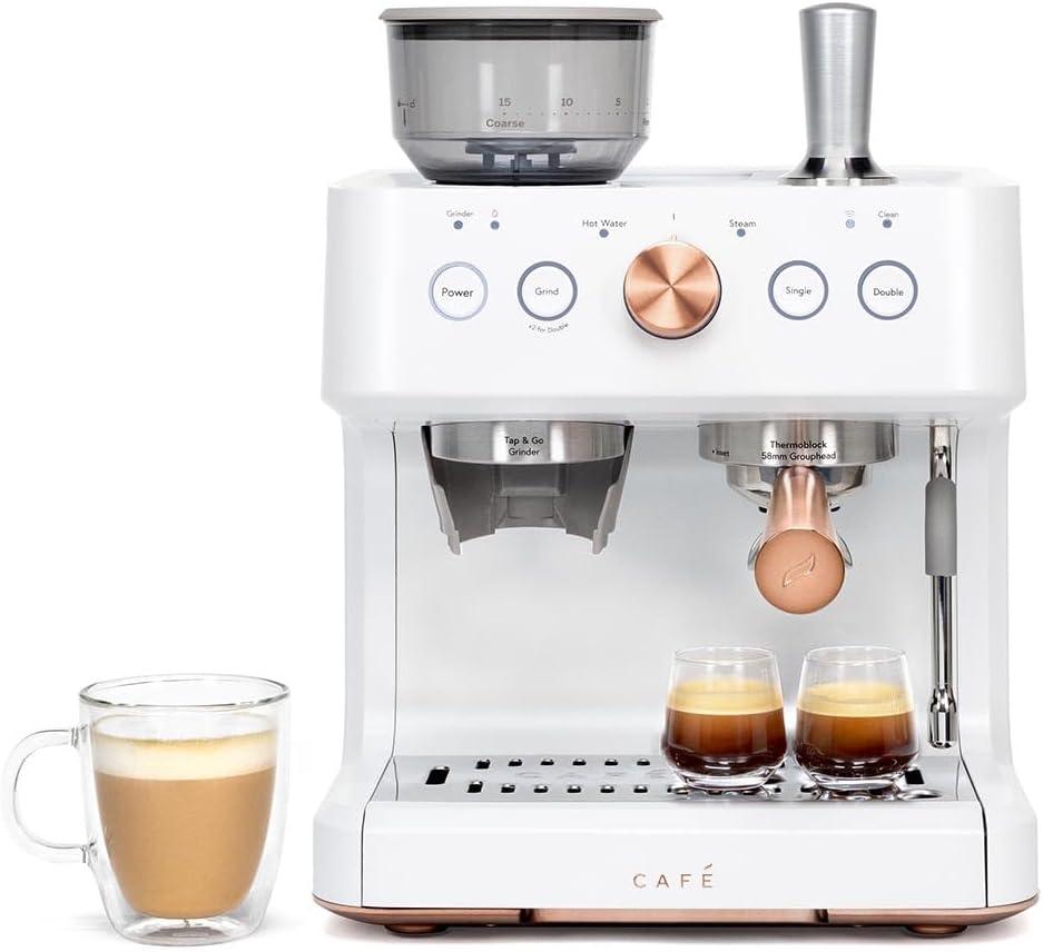 Caf Bellissimo Semi Automatic Espresso Machine with Grinder & Milk Frother | Copper Accents | WiFi App Control | Large 95oz Tank | Matte White