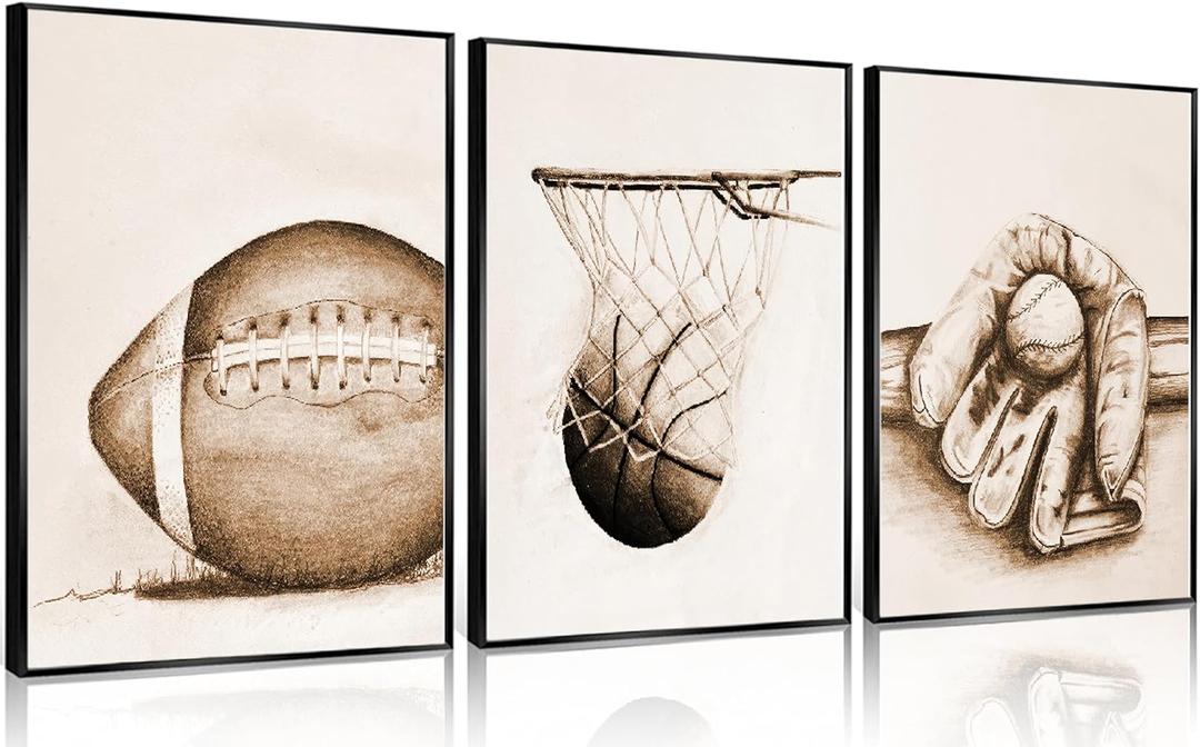 3Pcs Sports Wall Art Football Baseball Basketball Theme Painting Picture Wall Decor Vintage Sport Poster Print Artwork for Boy Room Playroom Bedroom Gameroom Home DecorationUNFRAMED (1216in)