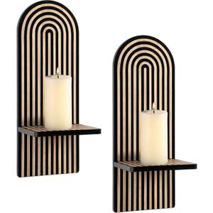 SOMTO 2Pcs Black Wall Hanging Candle Sconces - Wall Mounted Wood Rainbow Boho Wall Shelves Candle Holders for Living Room Bathroom Bedroom Classroom Office Nursery Wall Decor