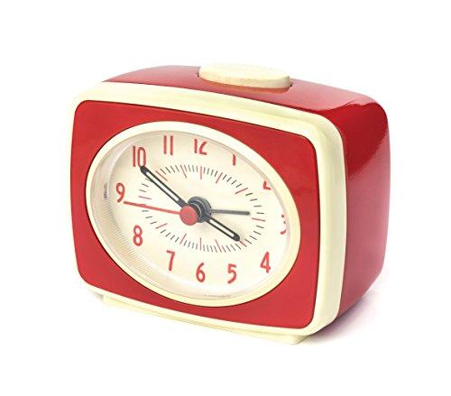Kikkerland Small Retro Classic Vintage Style Ticking Quartz Movement Analog Alarm Clock, Glow in The Dark Hands, for Bedroom, Office, Home Decor, Battery Operated, in Red