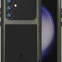 LOVE MEI Military Rugged Case for Samsung Galaxy S23 Fe, with Tempered Glass Screen Protector, Shockproof Dustproof Scratch Proof Hybrid Metal and Silicone Gel Heavy Duty Full Body Cover Green