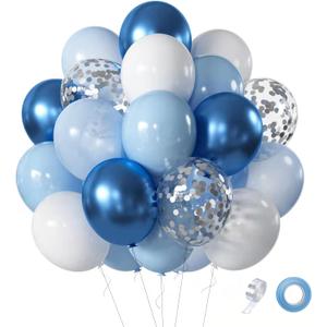 Blue White Balloons Set, 60 Pcs 12 Inch Metallic Chrome Blue Pearl Blue Balloons Light Blue Balloon for Birthday, Bridal Shower, Wedding Party Decoration