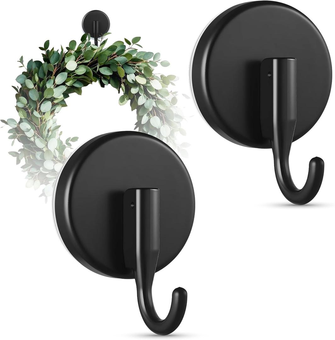 OUTXE Suction Cup Wreath Hanger, Upgraded Reef Hook for Front Door/Glass Window/Over Door, Christmas/Thanksgiving/Halloween/July 4th/Easter/Valentine/Spring/Summer/Fall (Black, 2-Pack)