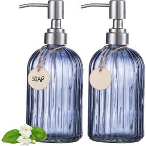 HBlife 2 Pack 16 Oz Refillable Glass Soap Dispenser with 304 Stainless Steel Pump, Vertical Stripe Kitchen Bathroom Dispenser (Blue Grey)