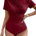 Milumia Women's Casual Ruched Mock Neck T Shirt Short Sleeve Tee Bodysuit Jumpsuit (Large, Burgundy)