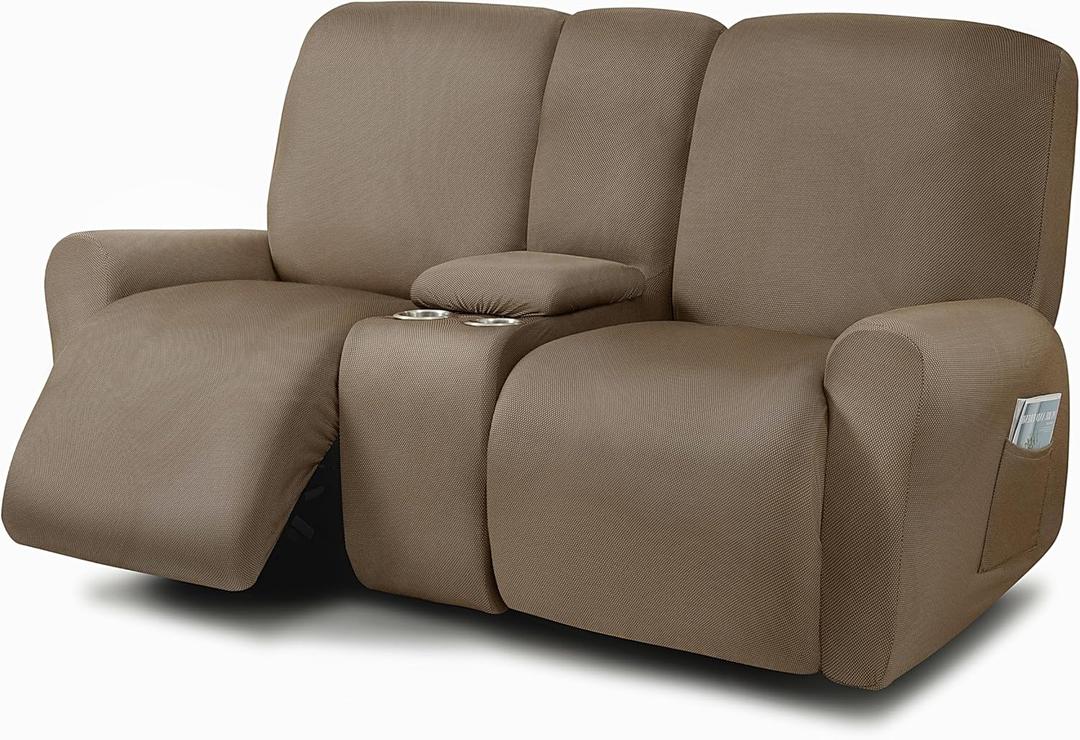 ULTICOR Reclining Love Seat with Middle Console Slipcover, 8-Piece Yarn Dyed Loveseat Reclining Sofa Covers, 2 seat Loveseat Recliner Cover, Thick, Soft, Washable (Sand)