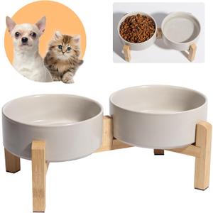 Elevated Ceramic Dog Bowl Set - Raised Feeding Bowls with Non-Slip Bamboo Stand - Small Pet Dishes for Food and Water - Ideal for Cats and Puppies - 16.23 OZ - 2 Cups - 480 ML (Grey)