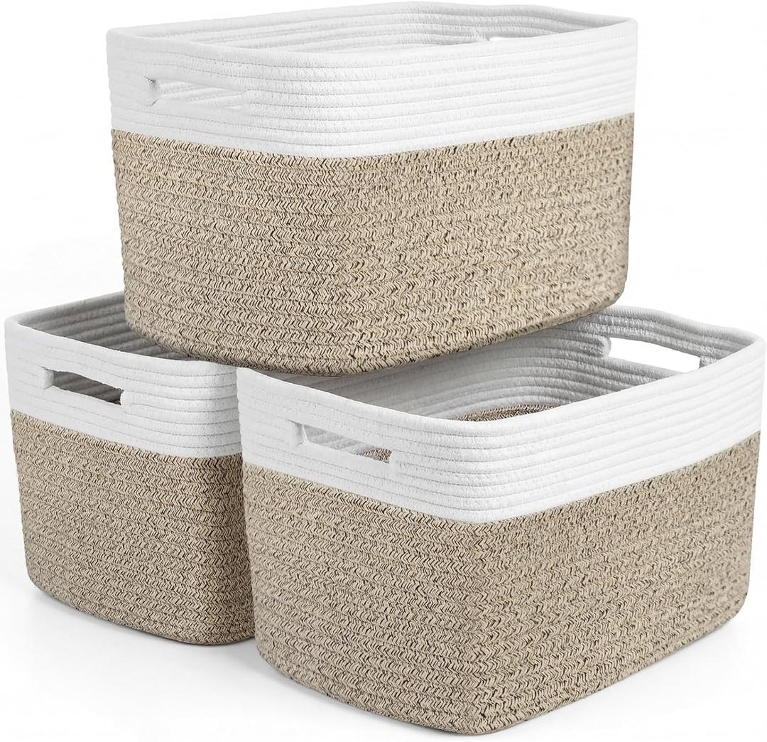 Storage Baskets for Organizing, 14 x 10 x 9 Closet Shelf Woven Baskets, Square Bins with Handles, Cotton Rope Basket for Toys, Clothes, Office, Room, White+Rice Brown 3 Pack