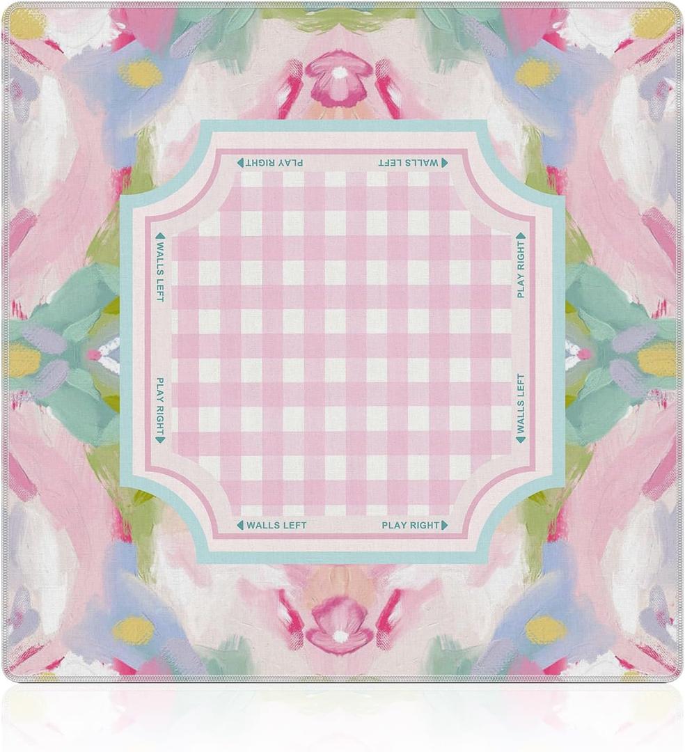 NATSUNO Pink Boho Floral Checkered Mahjong Mat (31.5x31.5), Abstract Watercolor Cottagecore Pastel Non-Slip Noise Reduction Mahjong Table Mat for American Mah Jong Poker Board Card Games Dominoes