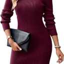 Women's Long Sleeve Cutout Front Ribbed Knit Pullover Sweater Dress Turtle Neck Bodycon Slim Fit Dresses(WineRed,S)