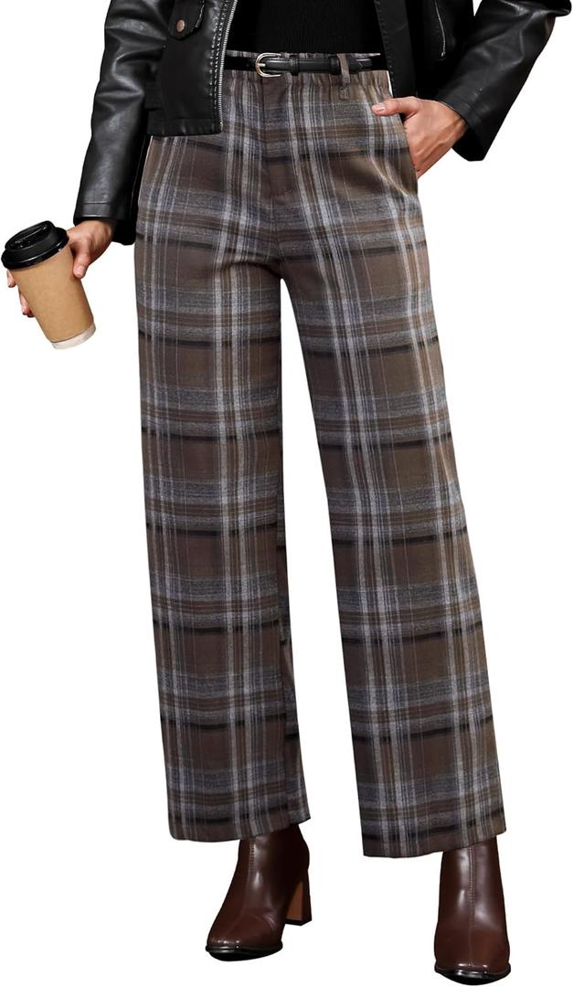 GRAPENT Plaid Pants for Women Wide Leg High Waisted Tartan Work Business Casual Elastic Waist Trousers Pants with Pocket (Medium, Brown & Gray)