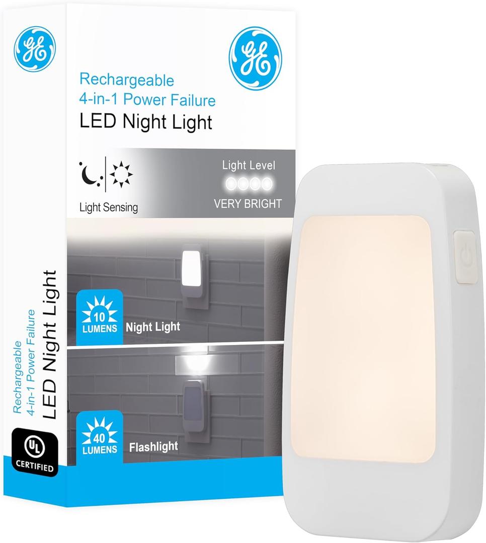 GE 4-in-1 LED Power Failure Night Light, Dusk-to-Dawn Sensor, Foldable Plug, Portable, Flashlight, Ideal for Storm, Outage, Emergency, Blackout, Hurricane, Tornado, White, 29679 (White Square)