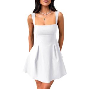 YMDUCH Women's Sexy Sleeveless Square Neck Adjustable Straps Bow Tie A-line Mini Party Club Dress, Large (White)
