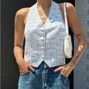 MakeMeChic Women's Plaid Halter Top Button Front Sleeveless Summer Going Out Crop Tops Blue Medium