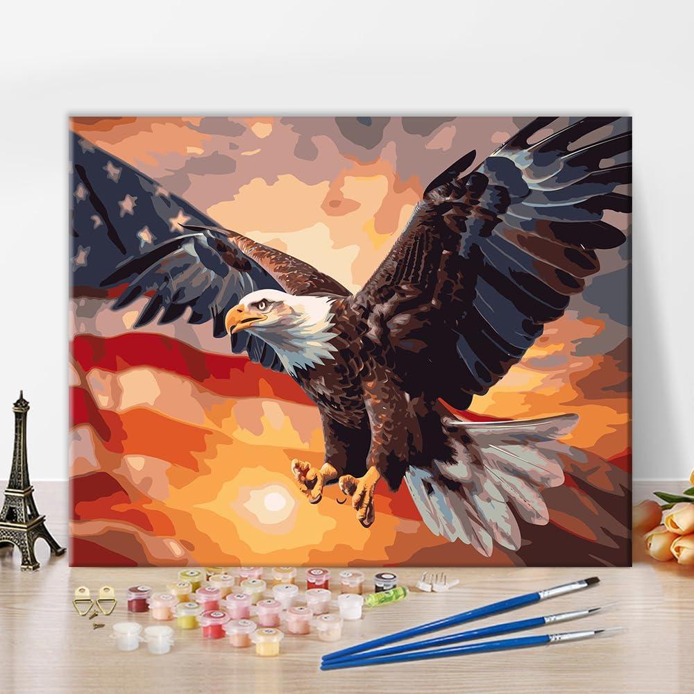 Rebotipy DIY Paint By Number White Headed Eagle Paint By Numbers for Adults Flag of the United States Paint By Numbers on Canvas Paint By Numbers Kit for Adults for Beginner Modern Decor Art 16x20 in (Color-01)