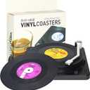 Funny Retro Vinyl Record Coasters for Drinks with Vinyl Record Player Holder for Music Lovers,Set of 6 Conversation Piece Sayings Drink Coaster,Wedding Registry Gift Ideas,Housewarming Hostess Gifts