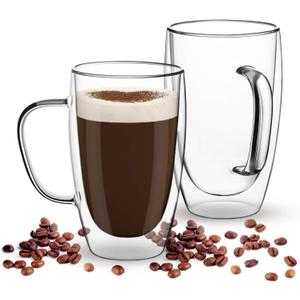 Espresso Cups Set Of 2 15 Oz, Double Walled Glass Coffee Mugs with Handle,Insulated Layer Coffee Cups,Clear Borosilicate Glass Mugs,Perfect for Cappuccino,Tea,Latte,Espresso,Hot Beverage,Wine