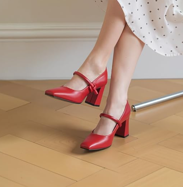 Women's Mary Jane Heels Square Toe Chunky High Block Pumps Mary Jane Closed Toe Heels Comfort for Work Dress Wedding Shoes 7.5