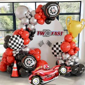 Race Car Balloon Arch Kit, Tow Fast Balloon Decoration, Red Black Silver Balloons with Car/Trophy/Chechered Flag/Tire Foil Balloons Garland For Boy Birthday, Racing Party