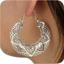 Vintage 925 Sterling Silver Filigree Hoop Earrings Bohemian for Women Intricate & Delicate Cutout Design Details Tribal Floral Gypsy Lightweight Metallic Statement Earrings（Silver）