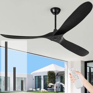 60 inch Ceiling Fans Without Lights, Wet Rated Black Outdoor Ceiling Fans for Patios Outside Porch, 3 Blade Wood Ceiling Fan no Light with Remote Control, High CFM 6 Speeds, Quiet DC Motor