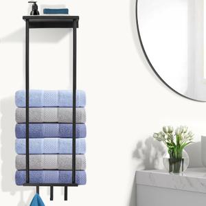 HOTNIU Towel Rack Wall Mounted Bathroom Towel Holder for Rolled Towels Upgraded Black Metal Towel Storage Organizer with Shelf and Removeable Hook