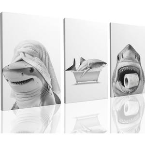 UCRAASDEB Framed Black And White Shark Bathroom Canvas Wall Art, 3pcs Funny Ocean Animal Bathtub Paintings Pictures Wall Decor Modern Poster Printing Artwork for Restroom Toilet 16'' x 12''