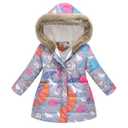 UWBACK Winter Coat For Girls Hooded Floral Print Kids Warm Cotton Parka Grey Animals 130