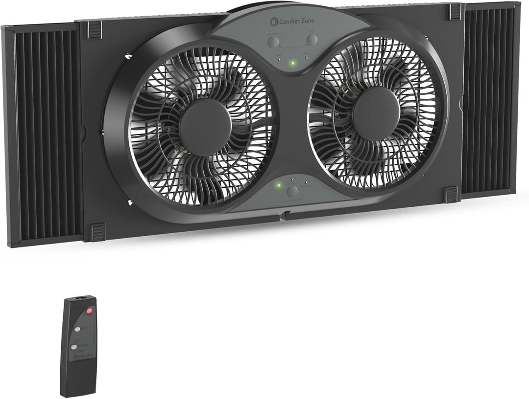 Comfort Zone 9-Inch Reversible Twin Window Fan with Remote Control  3-Speed Dual Blade Fan with Exhaust, Cooling & Circulate Modes, Expandable Width 23.5" to 37", Removable Bug Screen & Tabletop Feet (Black)