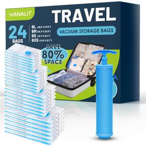 Travel Vacuum Storage Bags with Hand Pump, 24 Pack (6L+6M+6S+6XS) Vacuum Seal Bag Travel Essentials Space Saving Bags for Clothes, Luggage, Carry-on Suitcase, Backpack, Holiday Business Trip (24 Pack Hand Pump)